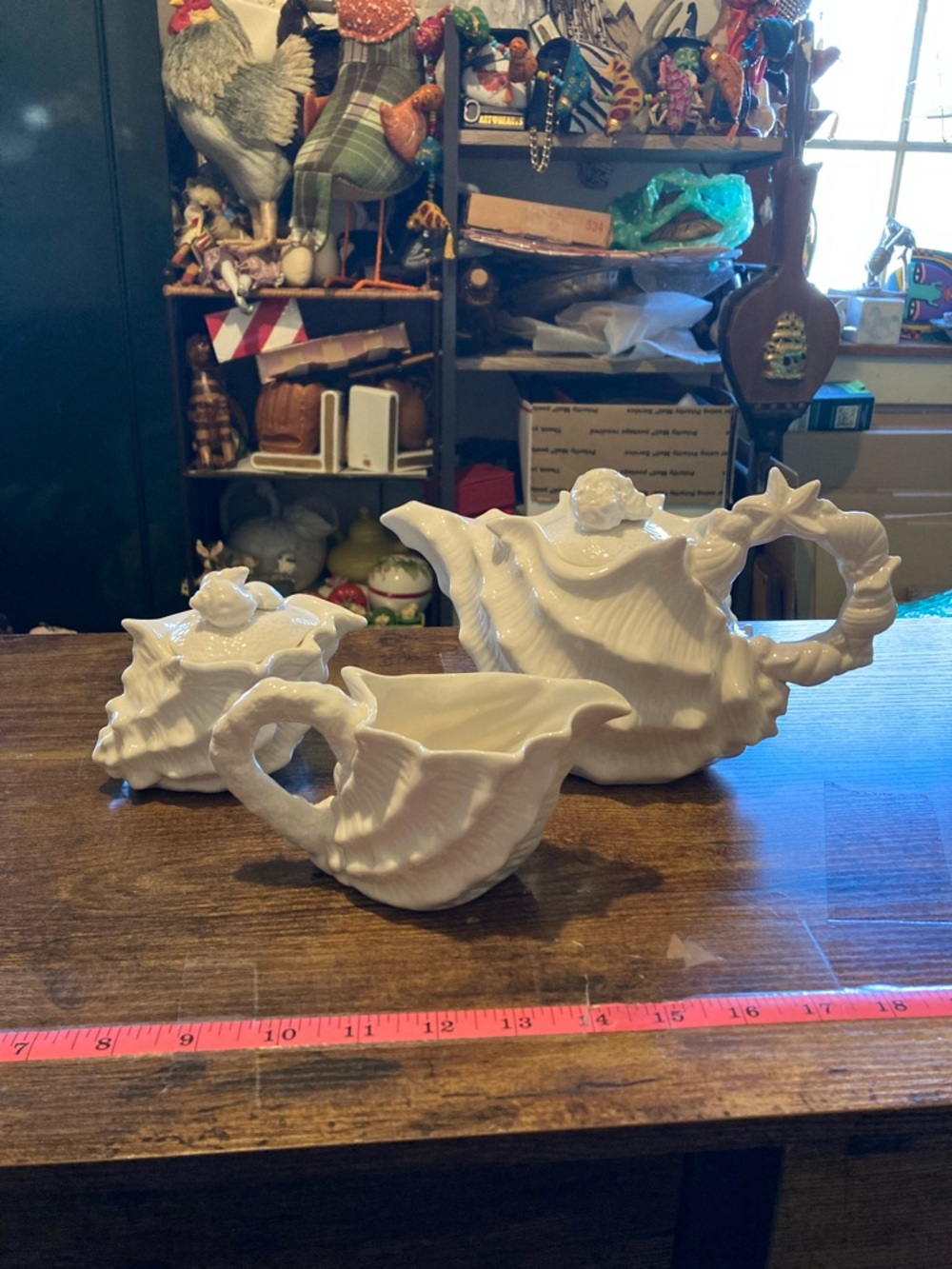 Blue Sky clayworks counh shell teapot, sugar and creamer
